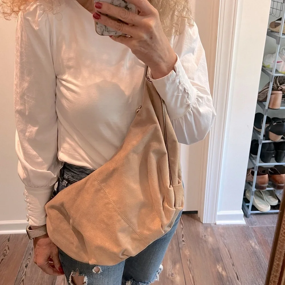Vintage Hobo Sling Microsuede tan bag handbag bag charms flare studs embellished
